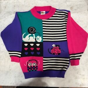 Vintage Hot Fudge Sweater Kids Colorful Cats Hearts USA Made Knitwear M